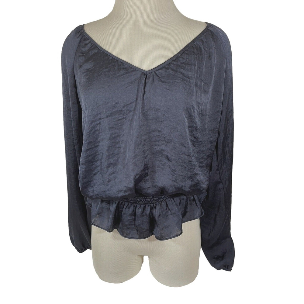NWT Michael Kors Dark Midnight Blue V-Neck Long Balloon Sleeve Peplum Top Sz M